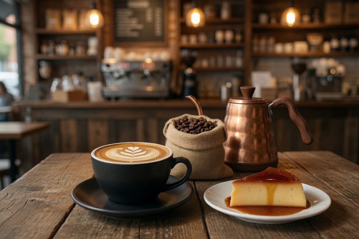 A latte with leaf art, a sack of coffee beans, a copper kettle, and a slice of caramel flan on a rustic café table